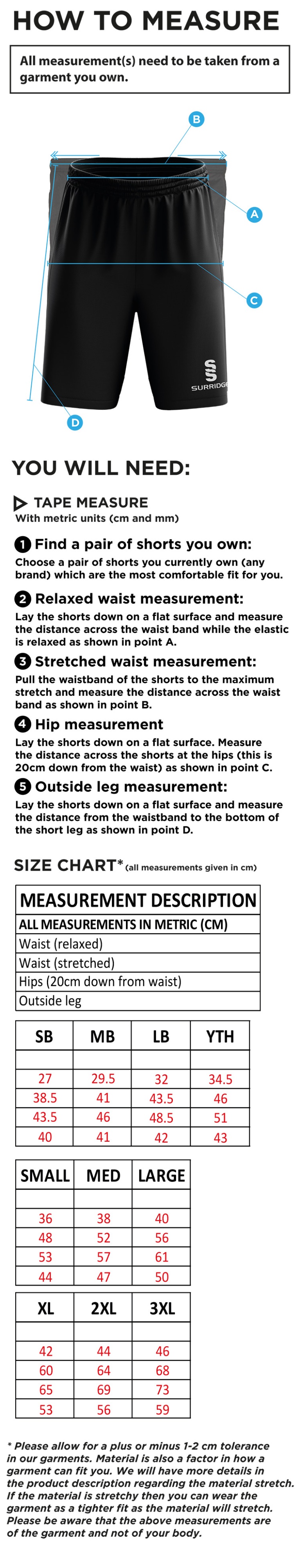 Alnwick Bears Blade Training Shorts - Size Guide