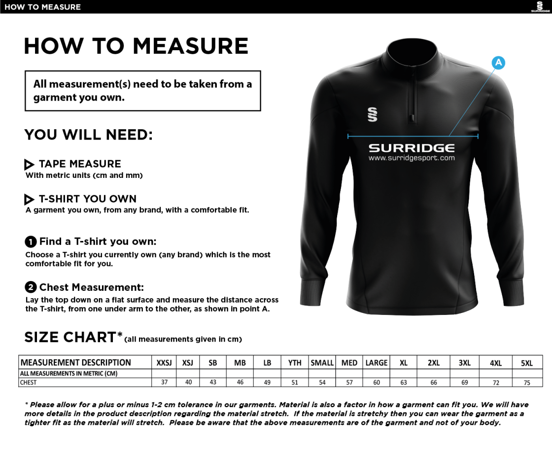 Alnwick Bears 1/4 Zip Dual Performance Top :  Black - Size Guide